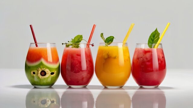 Sliced fruits including watermelon, mango fruit juice with glass 