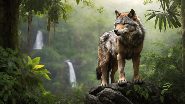 A Cinematic Jungle wolf looking