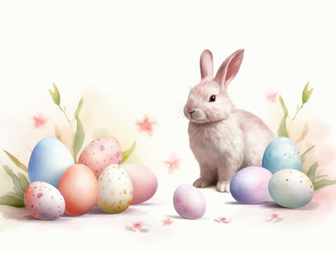 Easter Bunny with Easter Eggs and Spring Flowers on white background. Watercolor Illustration, copy space	