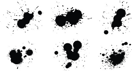 minimal black color Ink drops and splashes. Blotter spots, liquid paint drip drop splash and ink splatter, color splatter paint brushstroke - obrazy, fototapety, plakaty