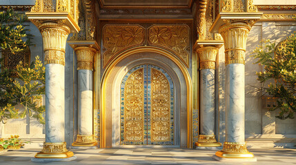 Golden, opulent, traditional arch with columns. The baroque-style portal. 