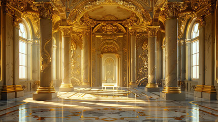 Golden, opulent, traditional arch with columns. The baroque-style portal.  - obrazy, fototapety, plakaty