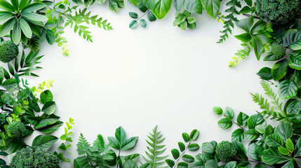 Collection of vibrant green plants and leaves arranged on a clean white background