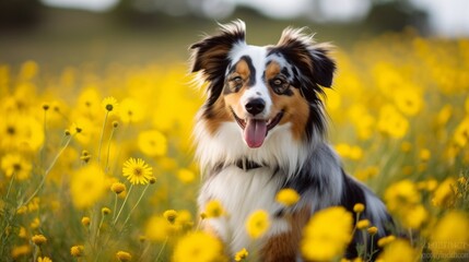 Fototapeta premium A dog is sitting in a field of yellow flowers