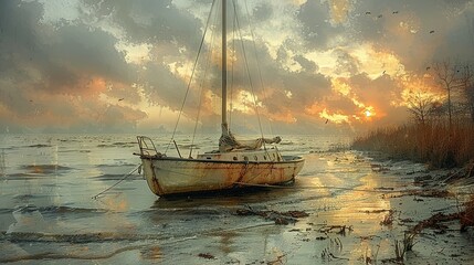 A sailboat rests peacefully on the shore, its sails neatly furled, capturing a moment of quiet repose by the water's edge - obrazy, fototapety, plakaty