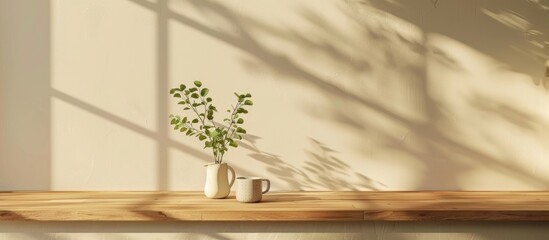 Minimal mockup design with a cozy counter for presenting products, featuring Japanese-style branding with a wooden green top counter, a warm white wall, a vase with a plant, and a ceramic mug.