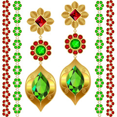 Illustration of gold jewelry earrings with precious stones