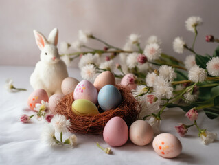 Obraz na płótnie Canvas Easter eggs in a Nest and Easter Bunny toy on a white background with flowers. Easter still life