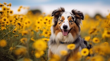 Fototapeta premium A dog is standing in a field of yellow flowers