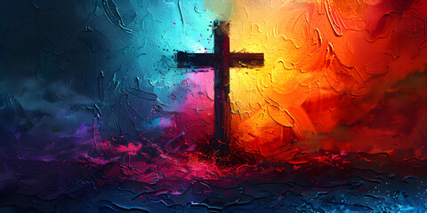 Colorful painting art of an abstract background with cross, Christian illustration, suitable for religious occasions and decoration. - obrazy, fototapety, plakaty