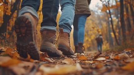 group of tourists hiking on autumn forest path feet closeup capturing the scenic trail and nature exploration during seasonal travel