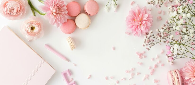 Pretty pink flowers, French macarons, notepad, and other adorable feminine items on a white background, seen from above