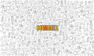 summer symbols and objects a concept of balancing life holiday at sea, drawing by hand vector.