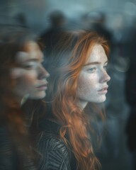 Reflection of redhead in window. Artistic portrait with reflection of a woman on glass, crowd in background