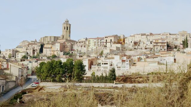 View of province of Cervera, ancient European city located on hilly area in Segarra area. Dense urban development