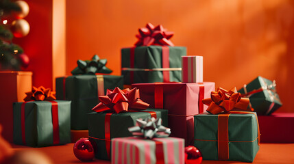 Orange backdrop with red, green, and pink present boxes on a table.