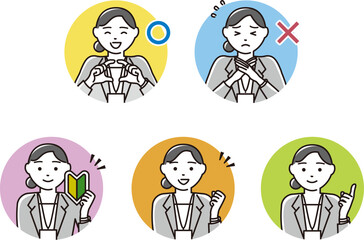 Set illustrations of  business woman with various expression. Vector of female staff explaining for beginners.
