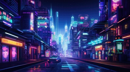 The picture of the neon night time futuristic cyberpunk scifi metropolis yet bright with neon light that fill everywhere of metropolis and fill with tall building and long roadway at night. AIGX01. - obrazy, fototapety, plakaty
