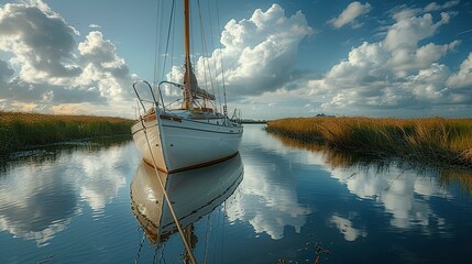A sailboat rests peacefully on the shore, its sails neatly furled, capturing a moment of quiet repose by the water's edge - obrazy, fototapety, plakaty