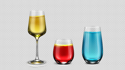 Cocktail glass with colorful liquid drinks on transparent background. Realistic vector illustration set of alcohol beverage glassware mockup for restaurant menu. Goblet with bright aperitif.