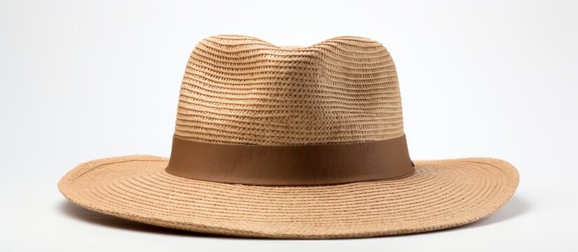 A straw fedora hat with a brown band, perfect for sun protection in a stylish way. The contrasting colors of wood and white create a fashionable accessory