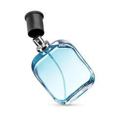 Open levitated perfume bottle with black cap filled with blue fragrance isolated. Transparent PNG image.