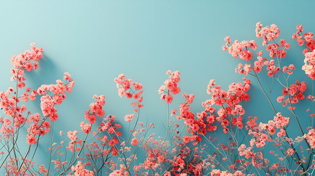 Flat lay creative illustration concept of fresh field Spring flowers on pastel blue background. Beautiful pink bloomed flowers. Generative Ai