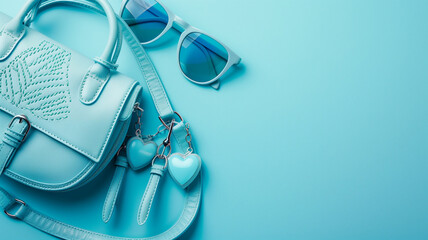 Blue women's bag and glasses on a blue background with copy space - obrazy, fototapety, plakaty