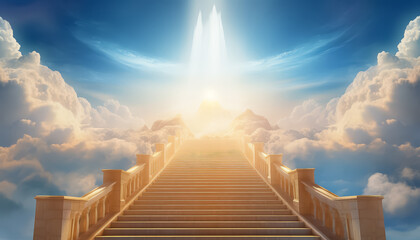 Stairway to Heaven with Sun and Radiance to Paradise - obrazy, fototapety, plakaty