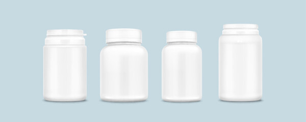 White plastic pill bottle mockup. Realistic 3d vector illustration set of vitamin or supplement jar template. Closed package container for medicine with cap. Pharmacy cylinder packaging canister.