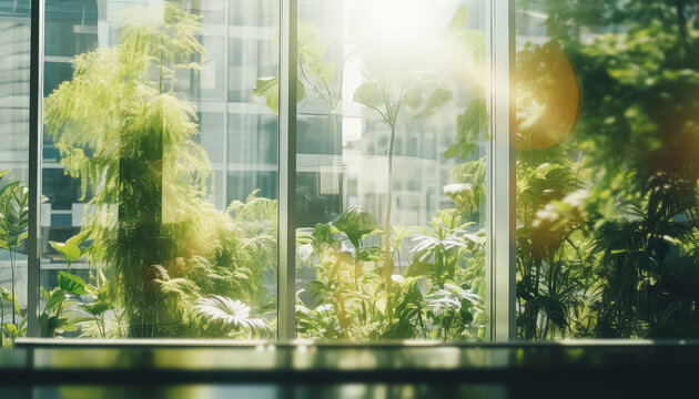 Fototapeta Window inside the office full of plants and sunlight