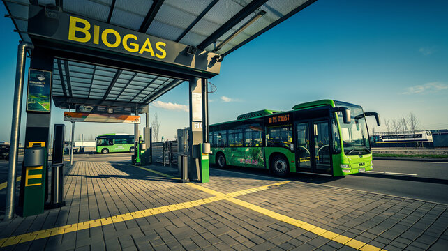 Tourist bus at biogas filling station with clear sky. Carbon carbon-neutral transportation concept