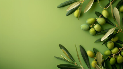 Fototapeta na wymiar Olives and green leaves arranged on a vibrant green background