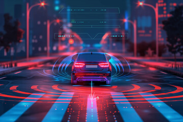 Autonomous car sensors for safe driverless mode car control. Detect nearby vehicles - obrazy, fototapety, plakaty