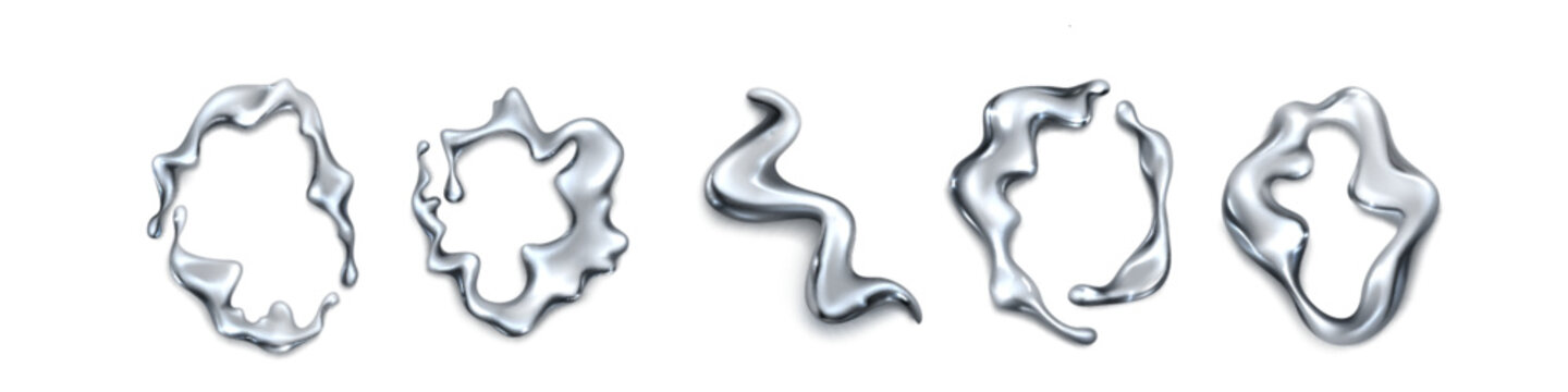Abstract fluid 3d metal shape for y2k design. Realistic vector illustration set of chrome liquid blobs and drops. Wave and circle silver element. Trendy mercury droplet and splash flow decoration.