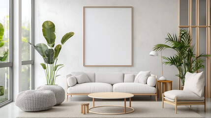 Blank poster frame mockup with minimalist sofa interior - obrazy, fototapety, plakaty
