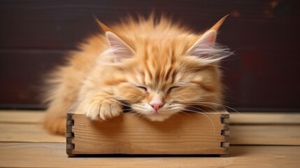A cat is sleeping on a wooden box