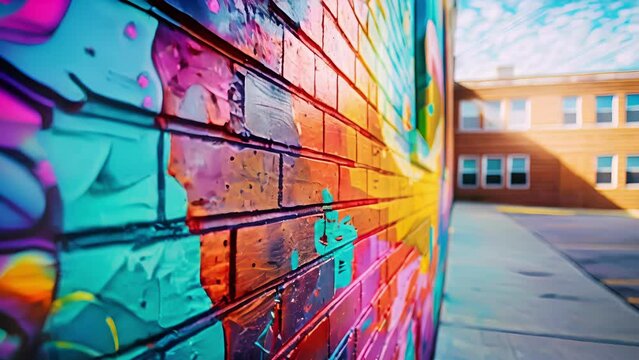 A closeup of a vibrant mural painted on the brick exterior of an old school building. The painting depicts a timeline of important events in education from the past to the