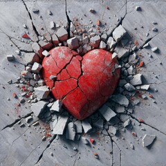 Shattered Red Heart on Concrete Background