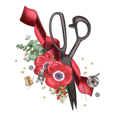 Tailor's scissors, red satin ribbon, bobbin case, presser foot, needles, pins, thimble with anemones and greens. Sewing tools with red flowers. Watercolor illustration. For designing cards, banner - obrazy, fototapety, plakaty