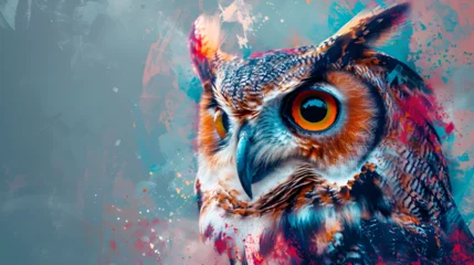 Foto op Plexiglas Abstract animal Owl portrait with colorful double Close up of great horned owl turning head toward camera Owl's eye, Generative Ai © shehzad