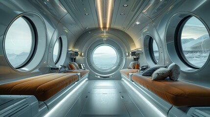 The interior of a hyperloop capsule, with exterior light speed effects visible through windows