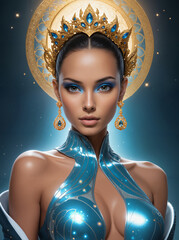 Young woman with intricate regal headpieces and jewelry, her striking appearance is highlighted by a color palette of gold and blue. Set against a cosmic backdrop. 
