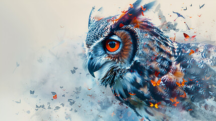 Abstract animal Owl portrait with colorful double Close up of great horned owl turning head toward camera Owl's eye, Generative Ai - obrazy, fototapety, plakaty