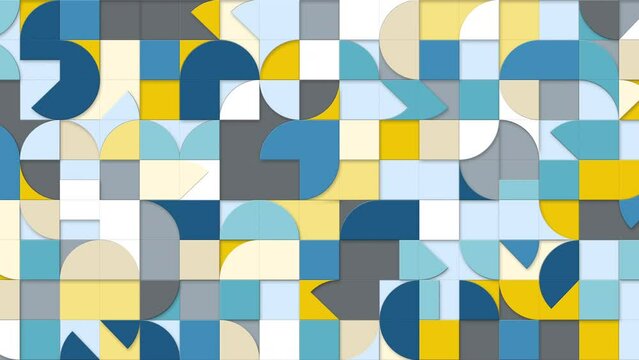 Geometric pattern loop. Circles, squares animation. Modernist abstract background. Bauhaus Design style. Blue, white, grey, yellow.
