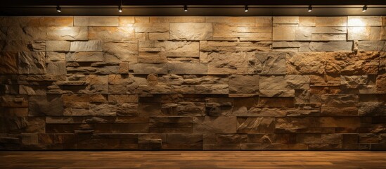 The dimly lit room showcases a solid stone wall as the focal point, with soft lighting highlighting its rough texture and uneven surface