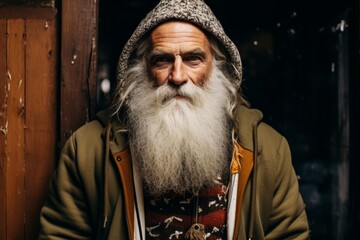 Portrait of an old man with a long gray beard and mustache in a green jacket on the street.