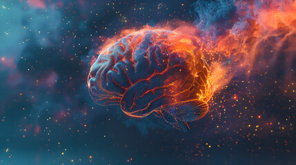 Concept art of a human brain exploding with knowle Human brain damage The rotating shining human brain around its axis., Generative Ai