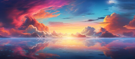 A natural landscape painting capturing the breathtaking afterglow of a sunset over a serene lake, with majestic mountains in the background under a red sky at dusk