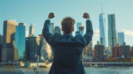 Back view of a businessman raising his hand to the sky with city background